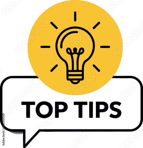 A graphic of a lightbulb on a yellow circle above a speech bubble with the words top tips inside