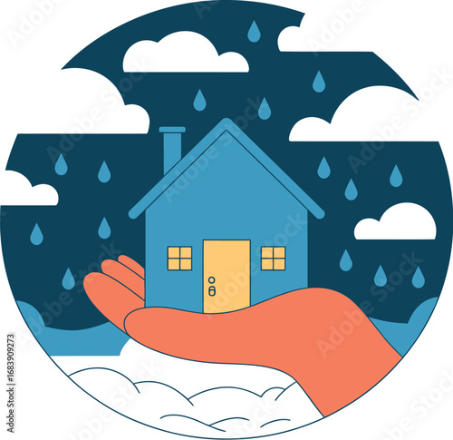 Illustration of a blue house held in an orange hand with rain and clouds in a circular frame