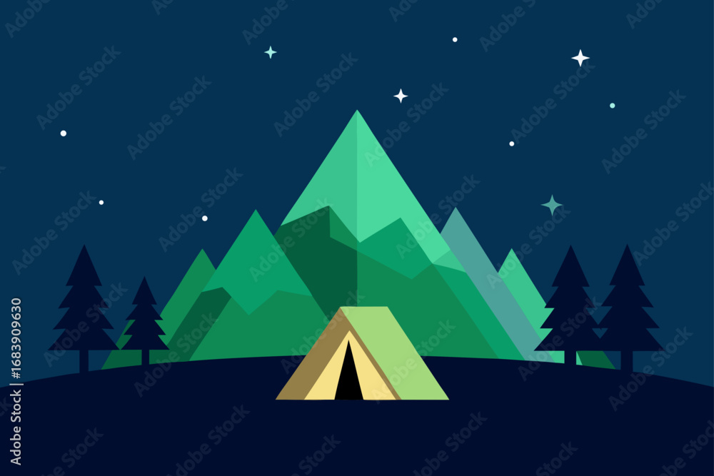 Fototapeta premium A cozy Christmas scene of a snow-covered mountain landscape at night with a decorated tree and tent