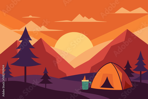 Desert landscape illustration with pyramids, sun, and sand for a camping in the mountains travel vector