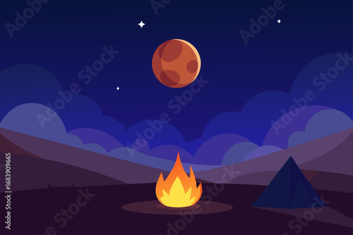 An eerie Halloween landscape with a glowing pumpkin under the full moon and a campfire's silhouette