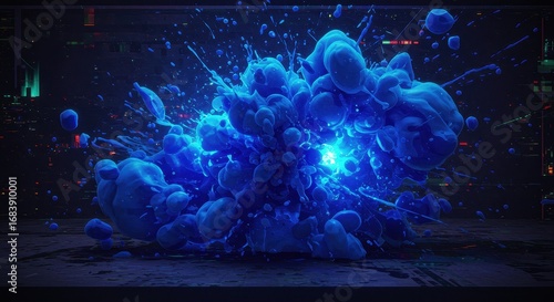 Electric Blue Cloud Burst - Abstract Digital Explosion with Glowing Core.