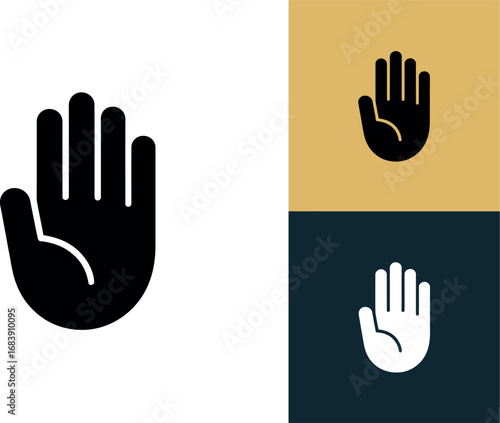 A graphic illustration featuring a hand icon in black and white against various backgrounds, artful