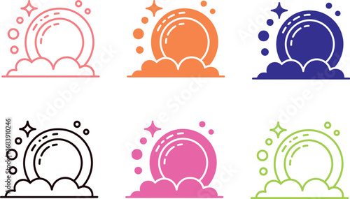 Illustration of six colorful plates with bubbles and clouds on a white background design
