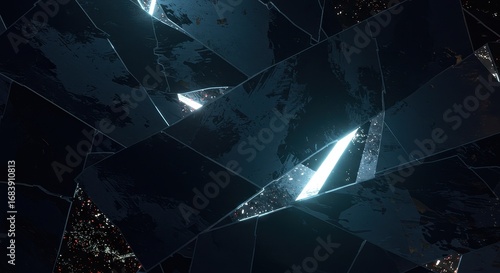 Shattered Glass Fragments Reflecting Intense Blue and White Light in Abstract Dark Composition.