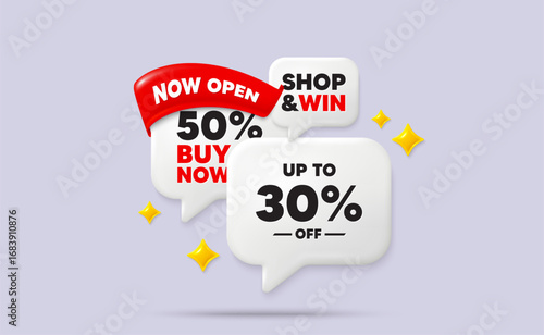 Discount tag speech bubbles. Now open flag ribbon. Up to 30 percent off sale. Discount offer price sign. Special offer symbol. Save 30 percentages. Discount chat bubbles with 3d sparkles. Vector