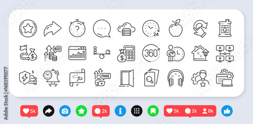 Financial goal, Street light and Finance calculator line icons pack. Social media: share, comment, like icons. Video conference, Fake internet, Headphones web icon. Vector