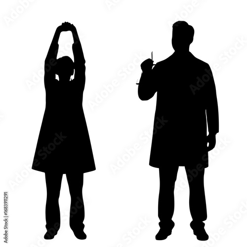 Silhouette of medical professionals one stretching and the other holding glasses in a vector graphic on an isolated white background