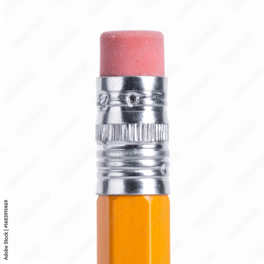 Obraz premium Close Up Macro Shot of an Unsharpened Yellow Pencil with a Pink Eraser on a White Background