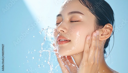 Woman washing face with water for radiant skin and youthful glow on blue background