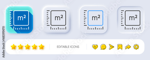 Square meter line icon. Neumorphic, Flat shadow, 3d buttons. Room area dimension sign. Territory measurement symbol. Line square meter icon. Social media icons. Vector