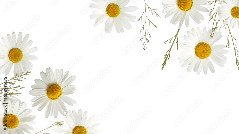 Obraz premium White daisy flowers with yellow centers isolated on transparent background