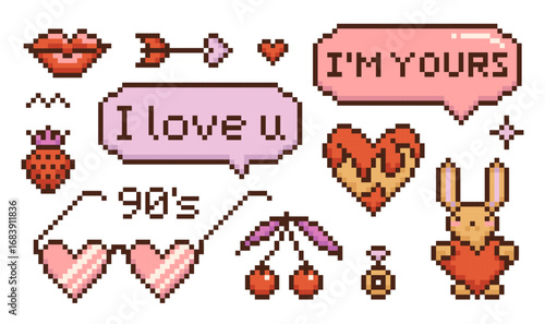 Valentine s day pixeled elements set, pixel art set, vintage 8 bit 80s - 90s arcade game style, dotted clipart templates, speech bubbles for social media, postcards, flyers. Retro vector illustration