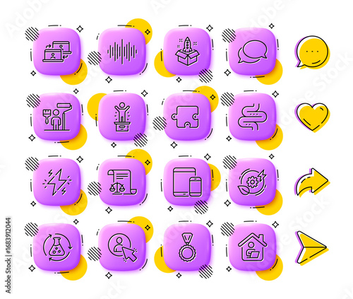 Winner podium, Puzzle and Mobile devices line icons. App 3d buttons. Social media comment, share, like icons. Pack of Medal, Outsource work, User icon. Vector