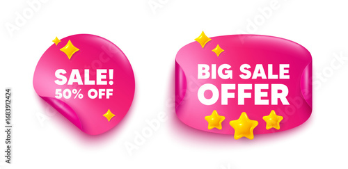 Sale sticker tag. Big offer paper price banner. Sale 50 percent off discount. Promotion price offer sign. Retail badge symbol. Discount sticker with 3d stars. Vector