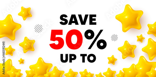 Discount winner banner with 3d stars. Golden stars banner. Save up to 50 percent tag. Discount Sale offer price sign. Special offer symbol. Review rate background. Vector