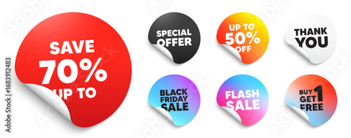 Discount red sticker tag. Special offer paper price tags. Save up to 70 percent tag. Discount Sale offer price sign. Special offer symbol. Discount, black friday sticker. Promo banner. Vector