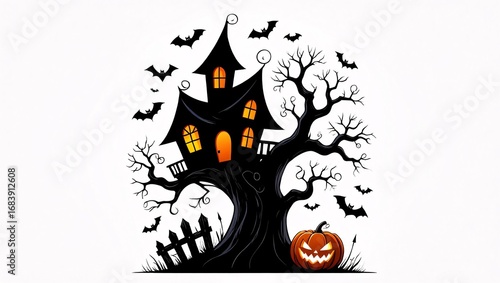 Spooky haunted house on a twisted tree with bats and a jack o lantern