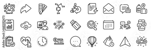 Time, New message and Influence line icons pack. Share, Message, Paper plane icons. Presentation, Report document, Correct answer web icon. Calendar, Phone survey, Chemistry lab pictogram. Vector
