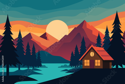 A stunning vector illustration of a mountain landscape at sunrise, with a house nestled in the valley and a tranquil lake reflecting the colorful morning sky
