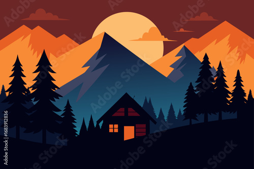 A scenic mountain landscape depicts a secluded house nestled in the forest with a stunning sunset in the sky