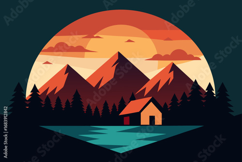 Mountain travel illustration with orange summer sunset sky and desert pyramids