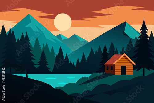 Landscape with a house nestled in the mountains at sunrise, surrounded by a forest and a serene lake