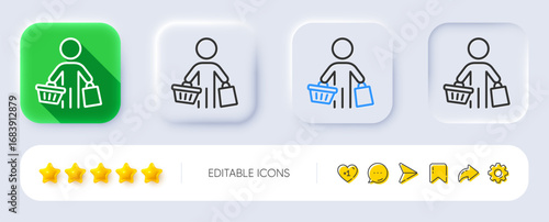 Buyer with shopping cart line icon. Neumorphic, Flat shadow, 3d buttons. Customer with bags sign. Supermarket client symbol. Line buyer icon. Social media icons. Vector