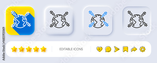 World vaccination line icon. Neumorphic, Flat shadow, 3d buttons. Corona syringe sign. Covid vaccine symbol. Line world vaccination icon. Social media icons. Vector