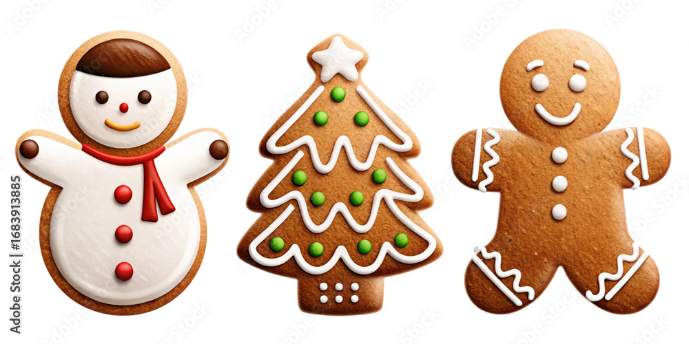 Naklejka premium Three christmas cookies snowman gingerbread tree isolated on transparent background