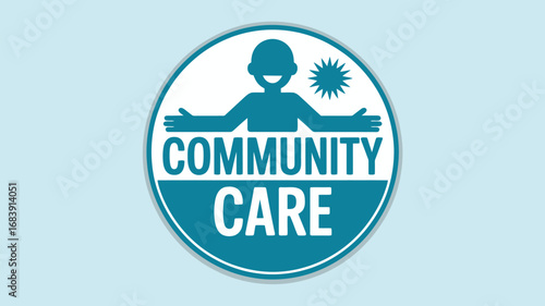 Teal community care logo with a person and starburst on a light blue background
