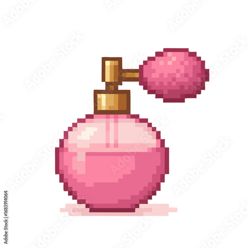 One bottle of pink perfume with spray bulb, pixel art