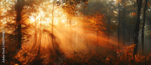 Fototapeta Naklejka Na Ścianę i Meble -  award-winning nature photography, panoramic view of a misty autumn forest at golden hour, the backlight of the setting sun creating a glowing halo around every leaf and branch,