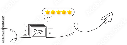 Image gallery line icon. Continuous line with share plane. Photo thumbnail sign. Album picture placeholder symbol. Five star rate review in speech bubble. Image gallery single line ribbon. Vector