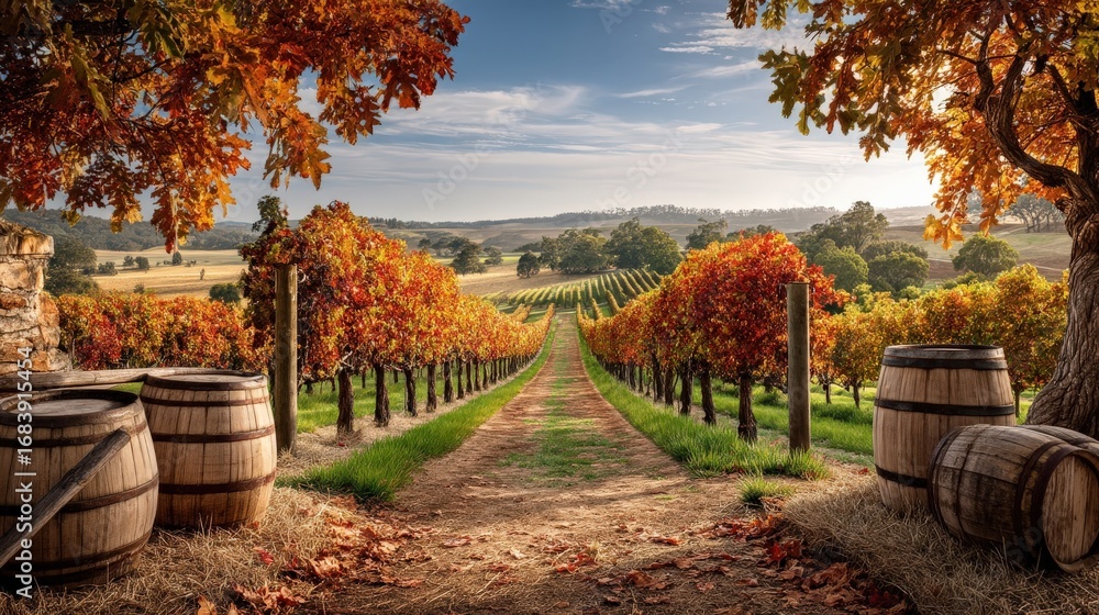 Naklejka premium Fall & Autumn : Vineyard pathway with barrels and autumn foliage under a clear sky.