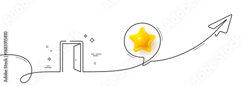 Open door line icon. Continuous line with share plane. Entrance doorway sign. Building entry symbol. 3d star in speech bubble. Open door single line ribbon. Loop curve pattern. Vector