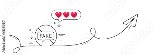 Fake news line icon. Continuous line with share plane. Stop propaganda conspiracy sign. Wrong truth symbol. Hearts rate review in speech bubble. Fake news single line ribbon. Vector