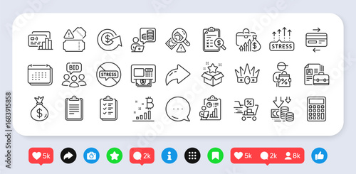 Bitcoin graph, Report and Money bag line icons pack. Social media: share, comment, like icons. Dollar exchange, Stress grows, Vacancy web icon. Vector