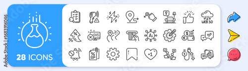 Web3, Mute sound and Chemistry experiment line icons. Interest rate, AI generate, Inflation icons. Pack of Approve, Online voting, Lounge icon. Tax documents, Credit card, Road pictogram. Vector