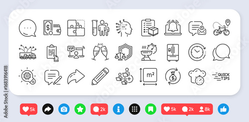Education, Artificial intelligence and Pencil line icons pack. Social media: share, comment, like icons. Cogwheel, Time change, Chat message web icon. Medical analyzes, Puzzle, Write pictogram. Vector