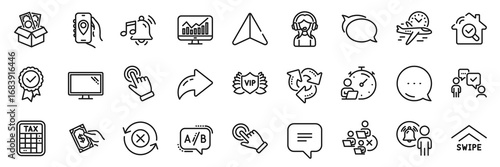 Text message, Remove team and Bribe line icons pack. Share, Message, Paper plane icons. Monitor, Location app, Timer web icon. Tax calculator, Recycle, Pay money pictogram. Vector