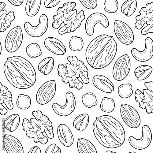 Nuts seamless pattern on a white background, healthy snacks black and white pattern design, walnut natural organic digital paper design, engraved hand-drawn decorative pattern, culinary theme elements
