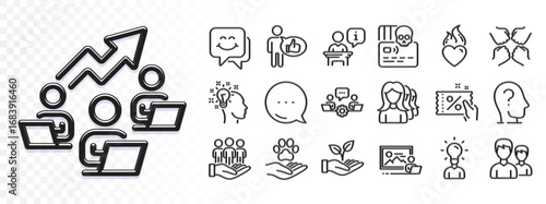 Heart flame, Teamwork chart and Photo studio line icons for web app. Glare of light effect. Message icon. Pack of Women headhunting, Education, Discount coupon pictogram icons. Vector