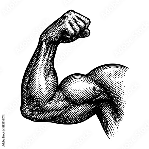 A man's arm is depicted with a fist clenched, and the image is in black and white. The drawing conveys a sense of strength and determination, as if the man is ready to take on any challenge