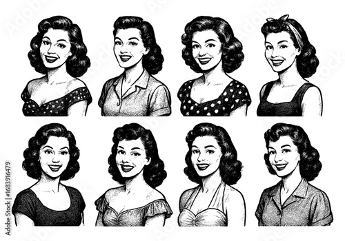 A series of women with different hairstyles and outfits. The women are smiling and appear to be happy