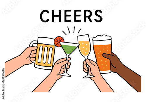 A group of people are holding glasses of different drinks, including a martini, and the words "Cheers" are written in the top right corner