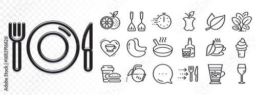 Food, Food delivery and Frappe line icons for web app. Glare of light effect. Message icon. Pack of Ice cream, Cooking timer, Mint leaves pictogram icons. Orange, Love coffee, Wine glass signs. Vector
