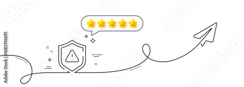 Shield line icon. Continuous line with share plane. Privacy secure sign. Safe defense symbol. Five star rate review in speech bubble. Shield single line ribbon. Loop curve pattern. Vector