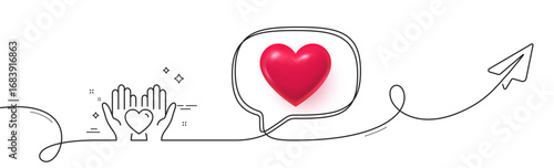 Hold heart line icon. Continuous line with share plane. Friends love sign. Friendship hand symbol. 3d heart in speech bubble. Hold heart single line ribbon. Loop curve pattern. Vector