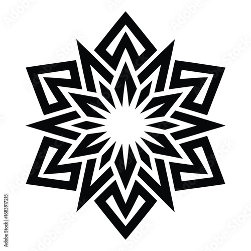 A black silhouetted geometric star mandala with eight points, isolated on white. Abstract vector ornamental design and spiritual symbol